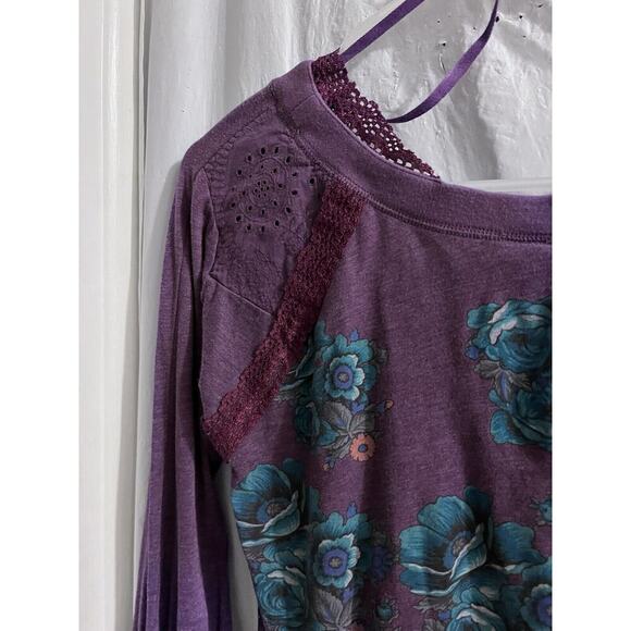 Free People Purple Floral Lace Trimmed Boho Tunic Lg Runs Small - Picture 10 of 11
